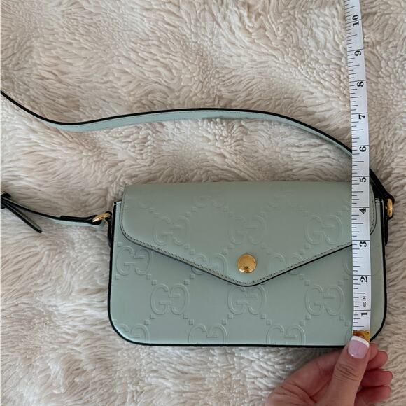 NWOT Authentic Gucci Green Calfskin Leather GG Super Mini crossbody purse  $1500 - Picture 9 of 16